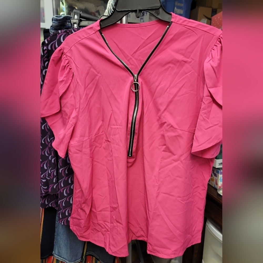 Pink Zippered Tulip Short Sleeved Top 2XL
